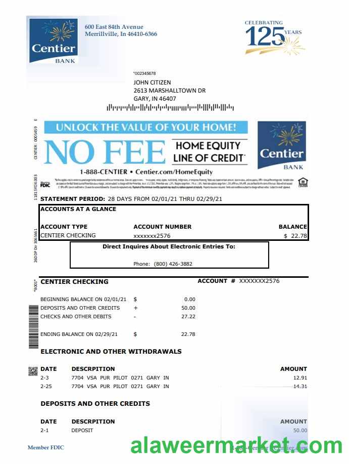 USA Indiana Centier bank statement template in Excel and PDF format